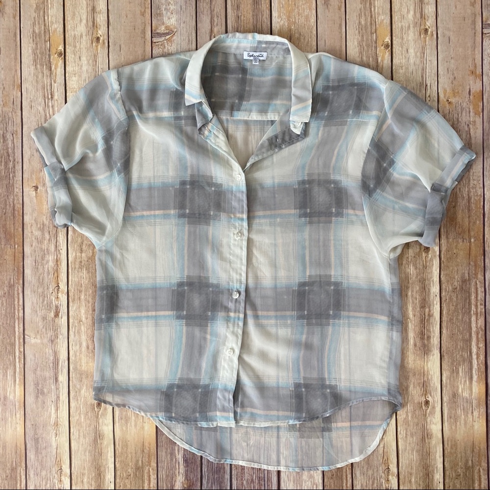 Splendid Sheer Plaid Button Front Short Sleeve Top